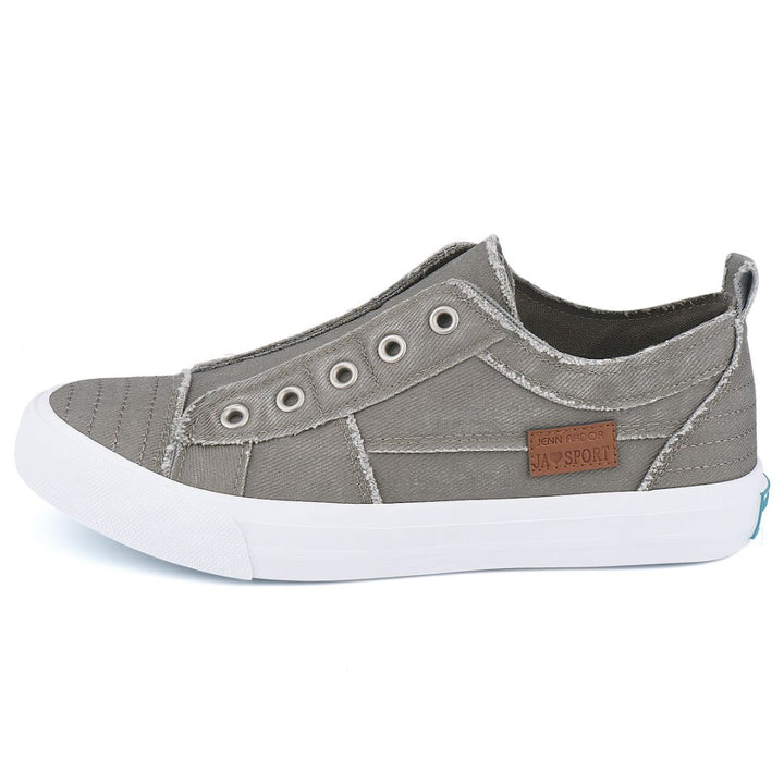 Gray slip-on sneaker with white sole on a white background#color_grey1