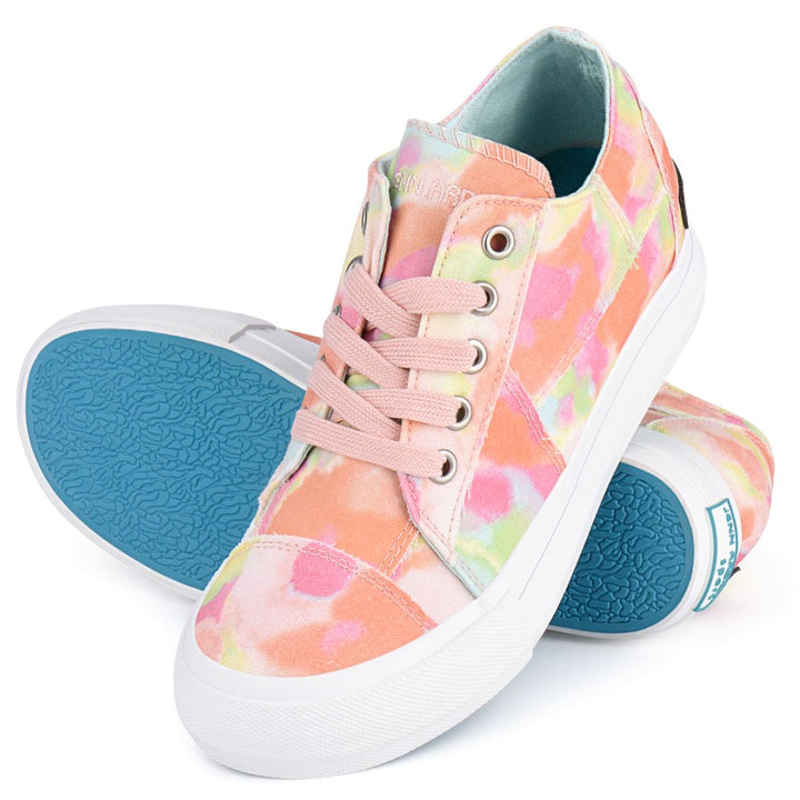 Pair of floral-patterned sneakers with pink and blue accents on a white background#color_orange