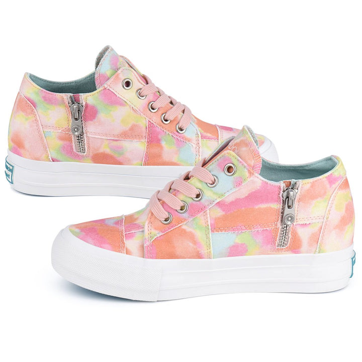 Pair of colorful sneakers with a watercolor pattern on a white background#color_orange