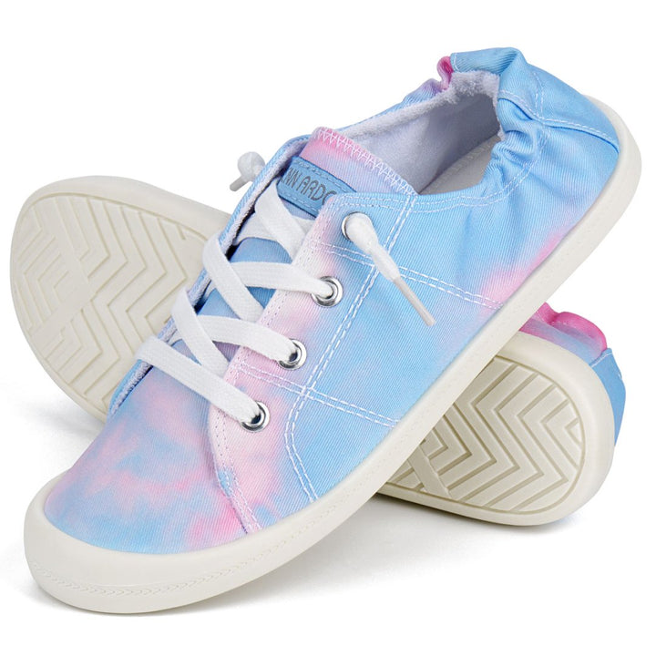 Pair of pastel tie-dye sneakers with white laces on a white background#color_blue-pink-tie-dye
