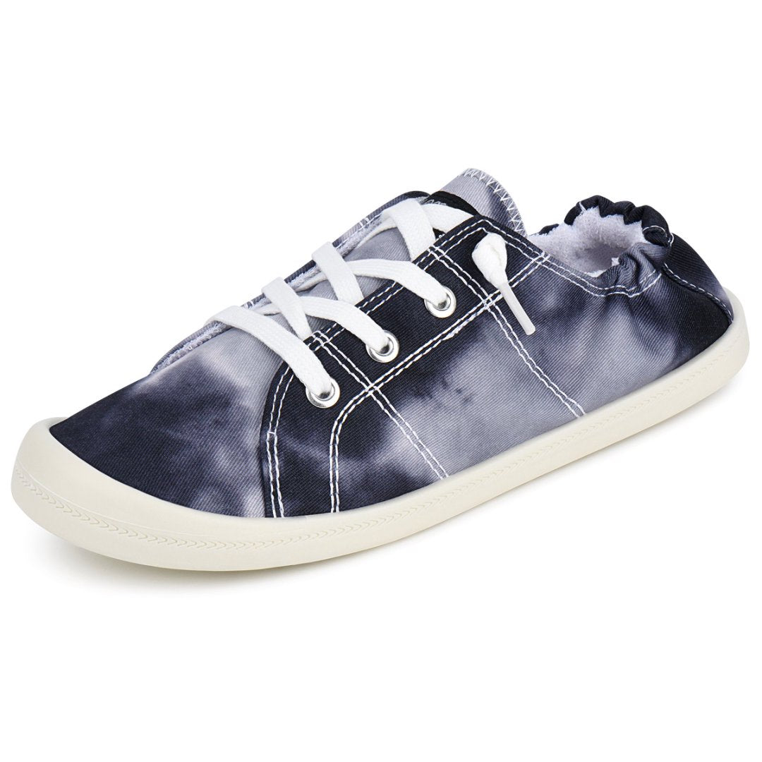 Navy tie-dye sneaker with white laces on a white background#color_black-tie-dye