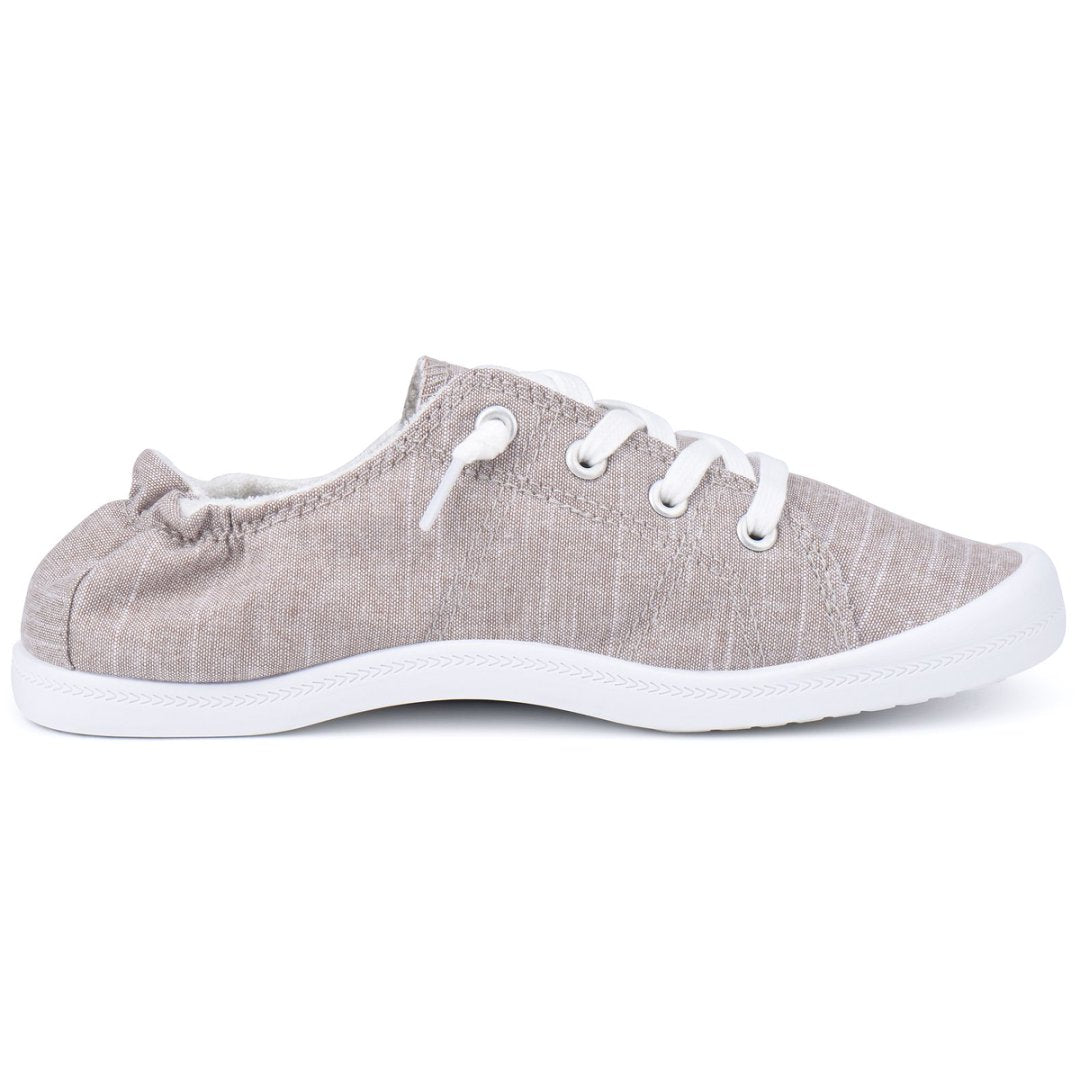 Gray casual shoe with white laces on a white background#color_light-grey