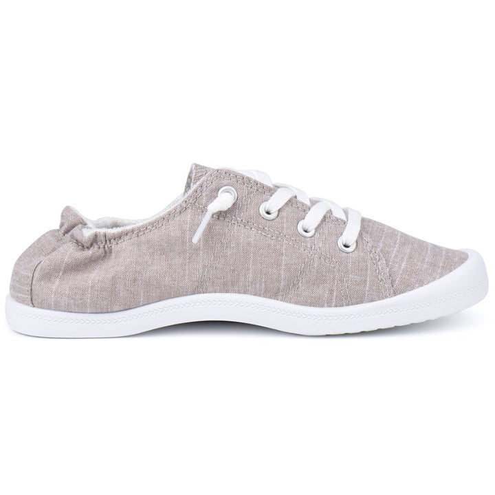 Gray casual shoe with white laces on a white background#color_light-grey