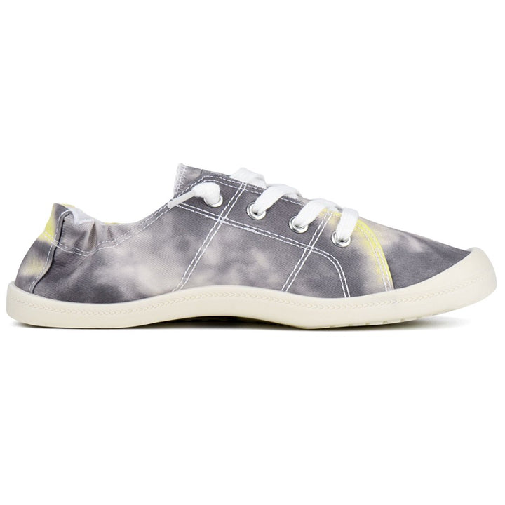 Gray tie-dye sneaker with white laces on a white background#color_grey-yellow-tie-dye