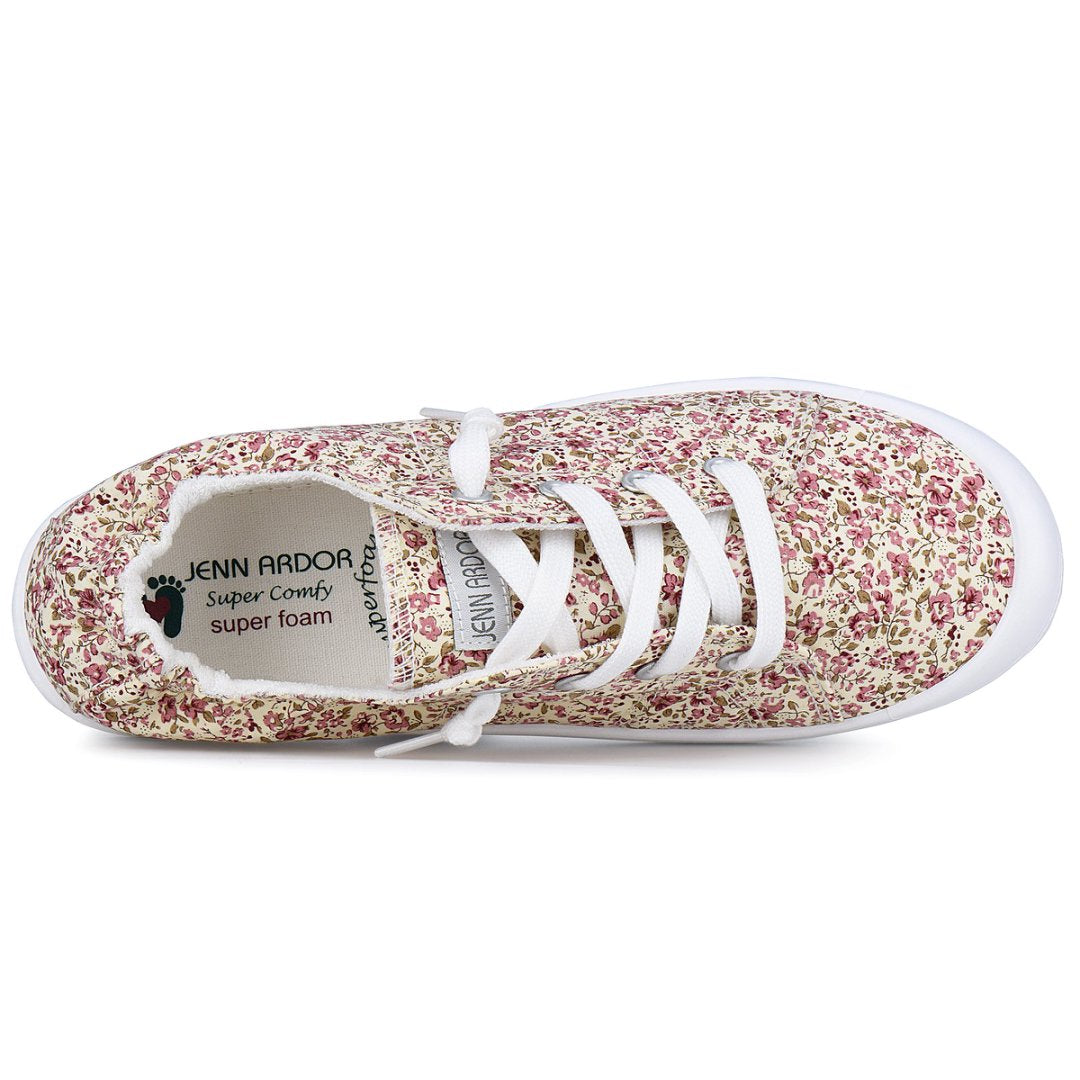 Floral patterned sneaker with white laces on a white background#color_flower