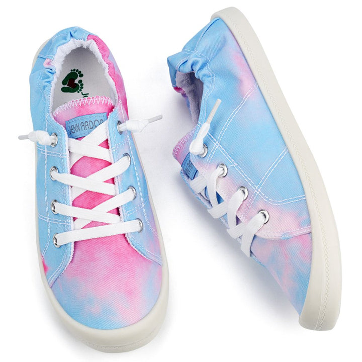 Pair of tie-dye sneakers with white laces on a white background#color_blue-pink-tie-dye
