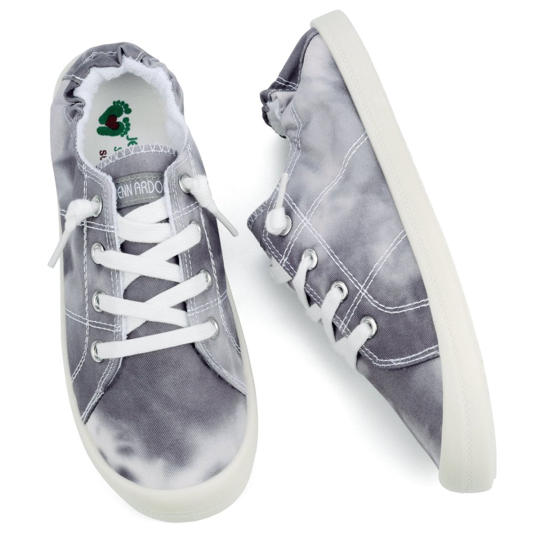 Pair of gray sneakers with white laces on a white background#color_grey-tie-dye