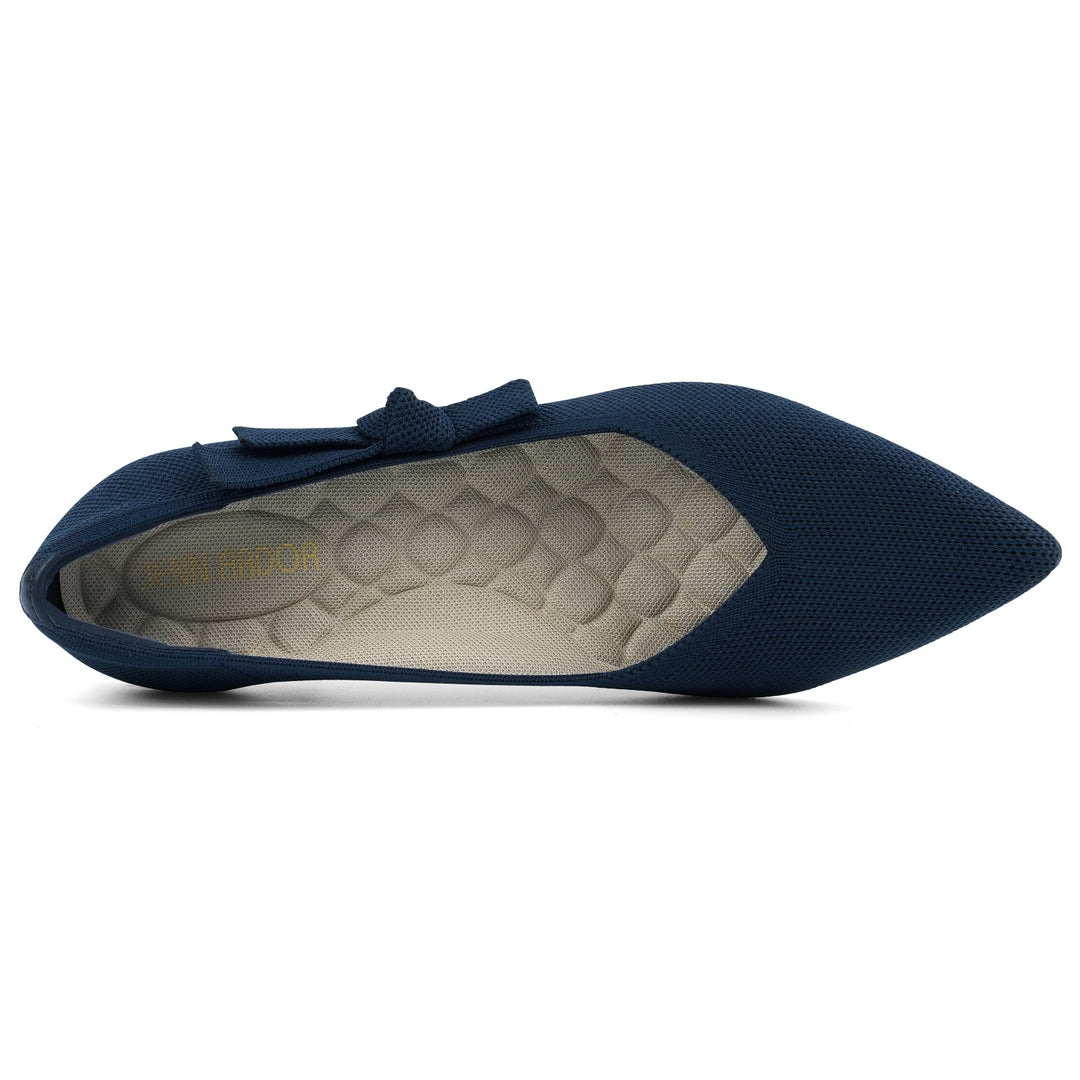 Navy blue flat shoe with a bow on a white background#color_navy