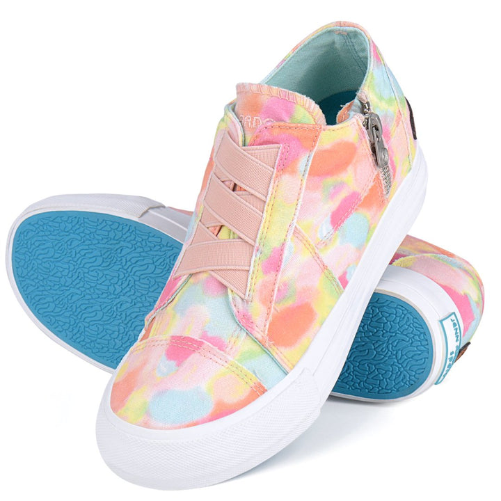 Colorful tie-dye sneakers with pink laces on a white background#color_orange