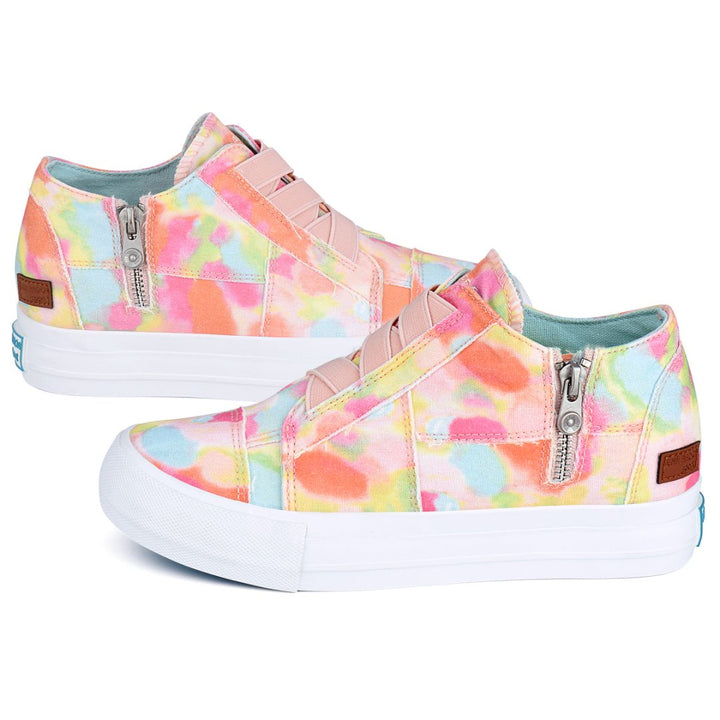 Colorful floral-patterned sneakers with zippers on a white background#color_orange