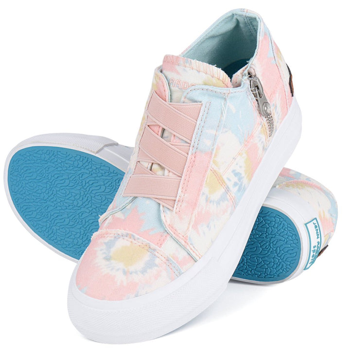 Pair of pastel floral sneakers with blue soles on a white background#color_pink-blue