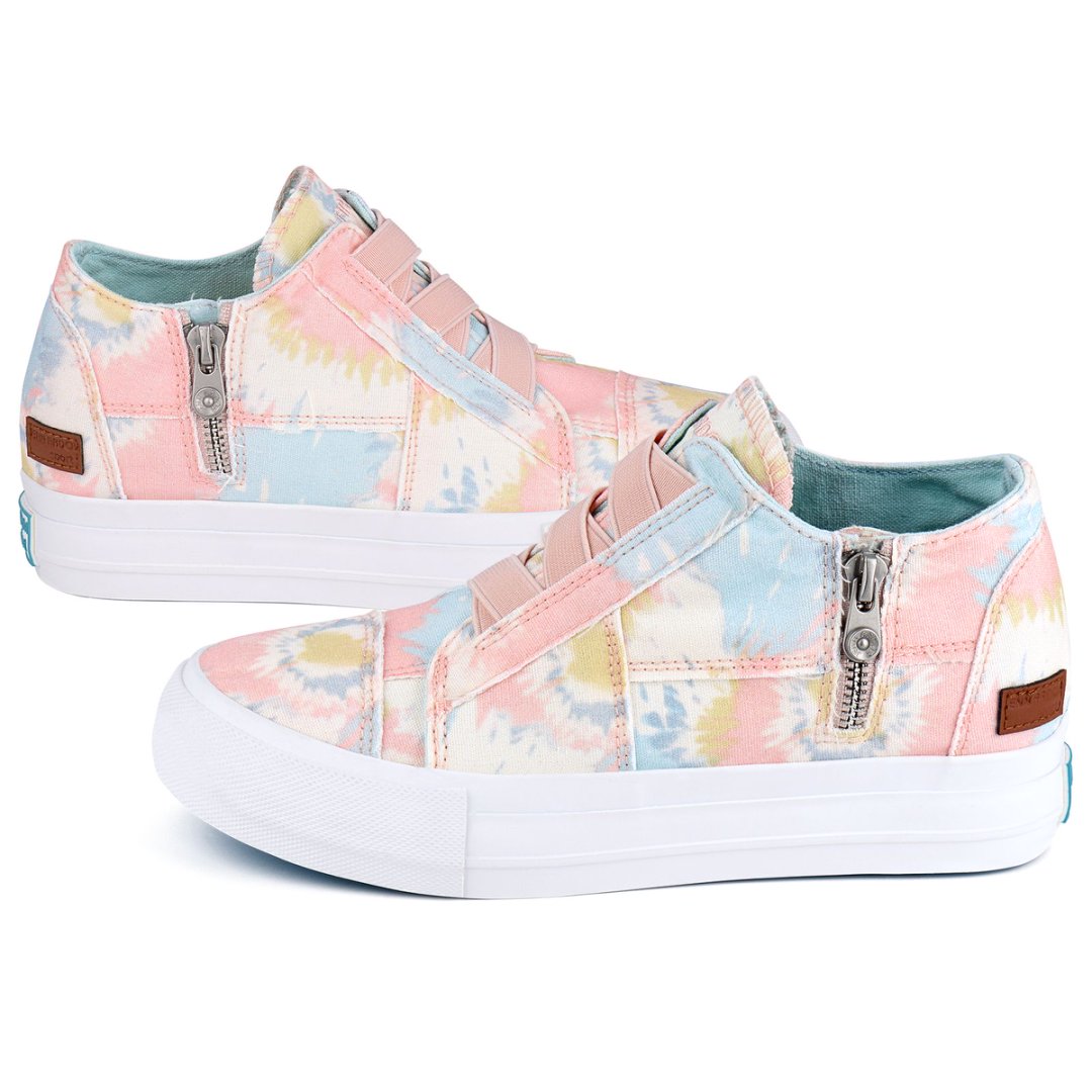 Pair of pastel floral sneakers on a white background#color_pink-blue