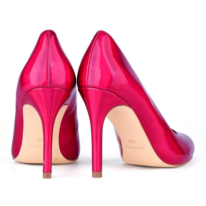 Pair of red high-heeled shoes on a white background#color_hot-pink