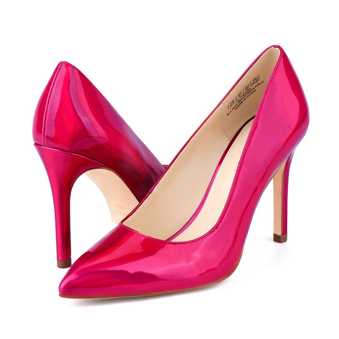 Shiny pink high-heeled shoes on a white background#color_hot-pink