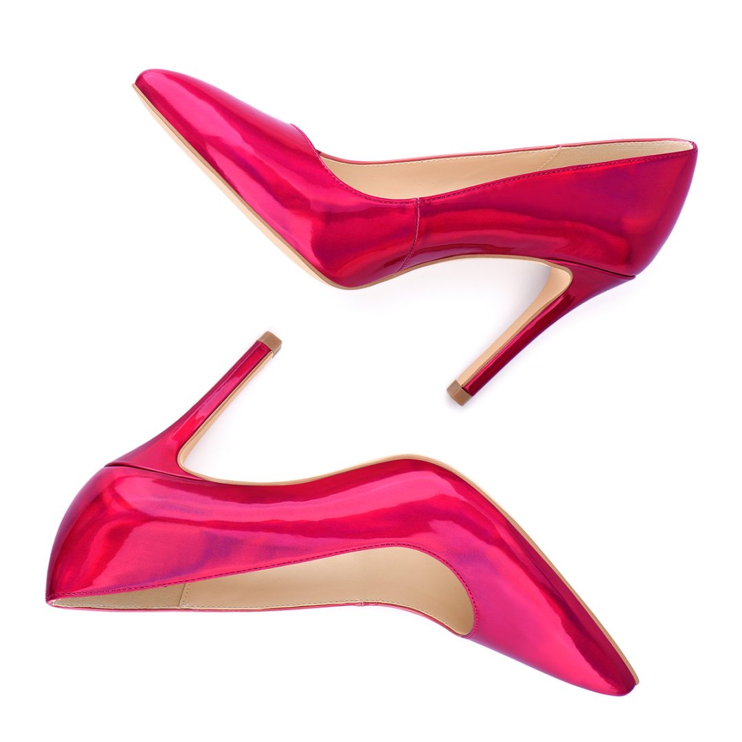 Pair of bright pink high-heeled shoes on a white background#color_hot-pink