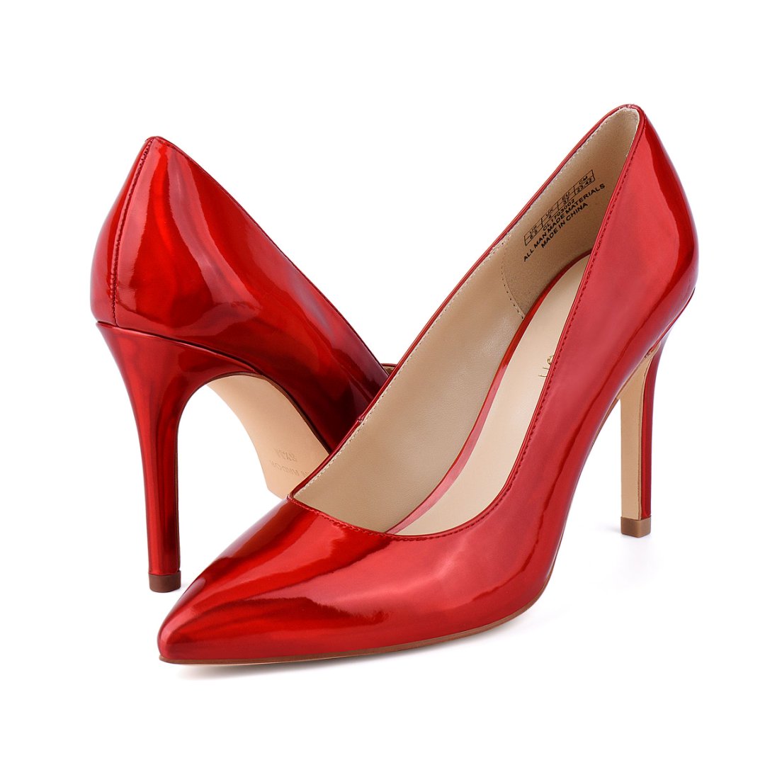 Shiny red high-heeled shoes on a white background#color_red