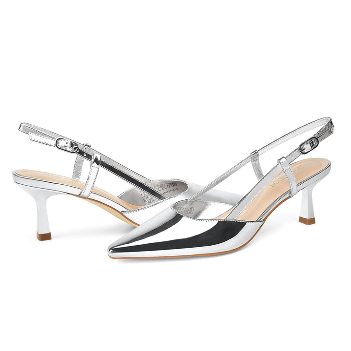 Front view of slingback kitten heel dress pumps#color_silver