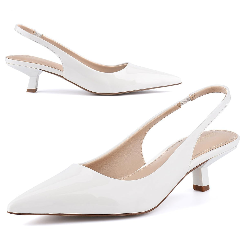 Front view of slingback pointed kitten heel pumps#color_cream-white
