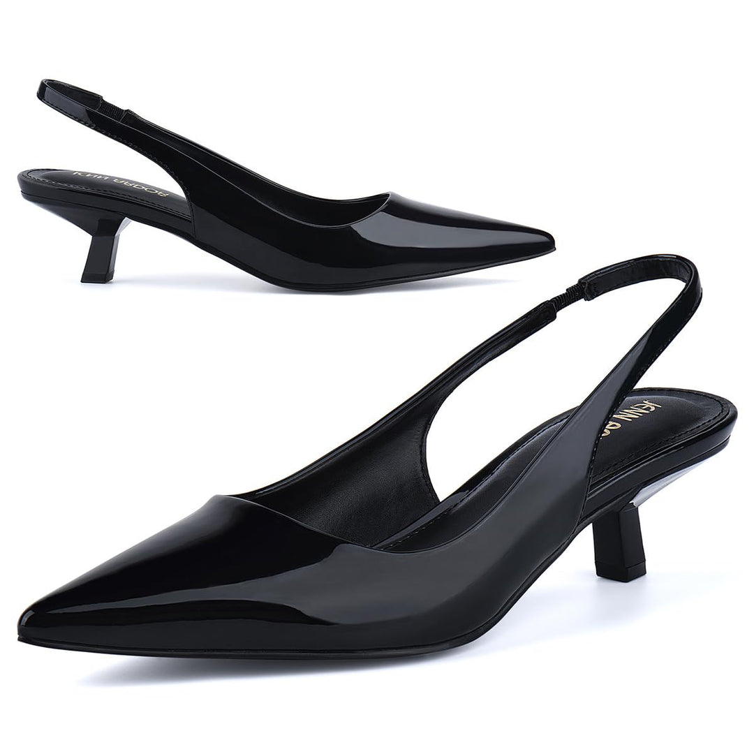 Front view of slingback pointed kitten heel pumps#color_black