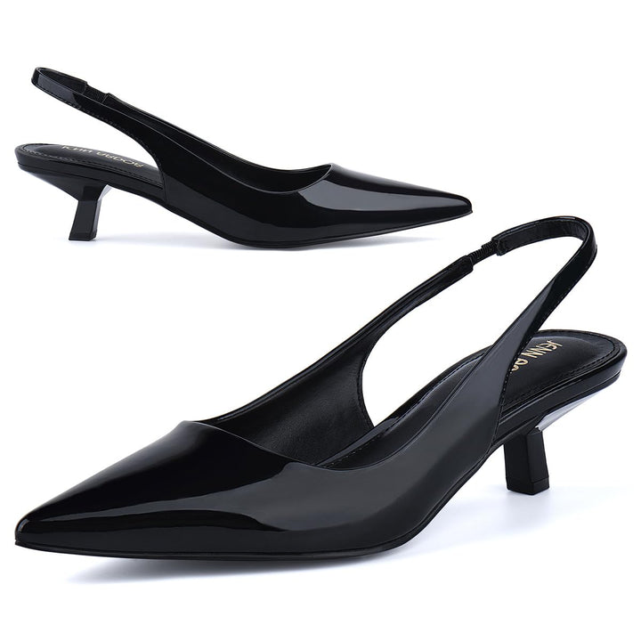 Front view of slingback pointed kitten heel pumps#color_black