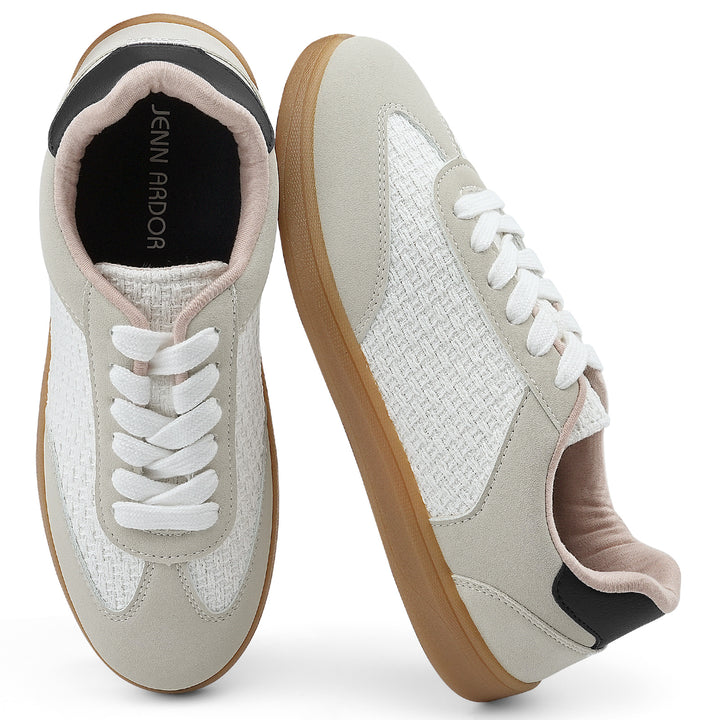 Front view of women's woven low top casual sneakers#color_white-black