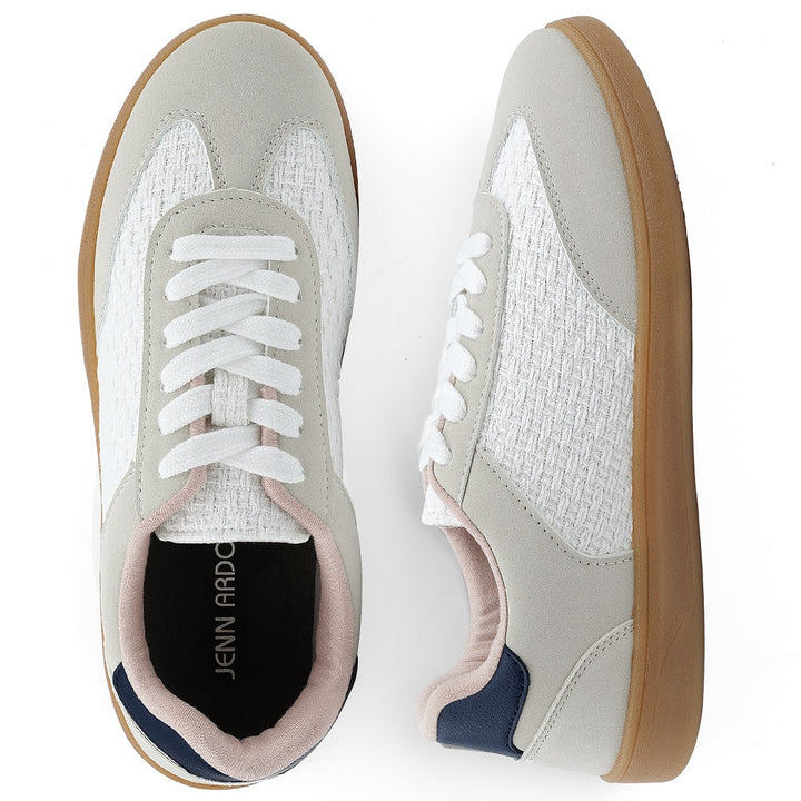 Front view of women's woven low top casual sneakers#color_white-navy