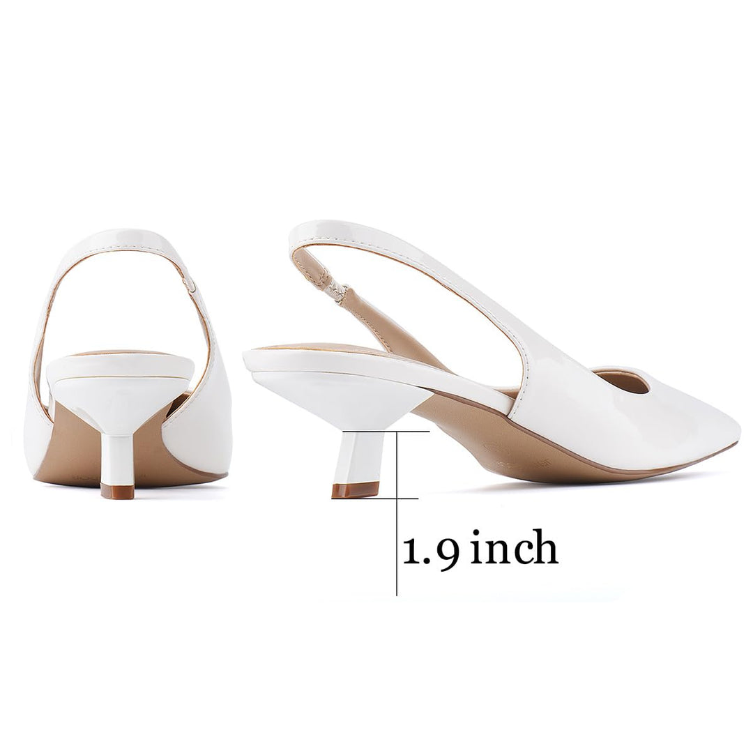 Back view showing elastic slingback and heel of pointed kitten pumps#color_cream-white