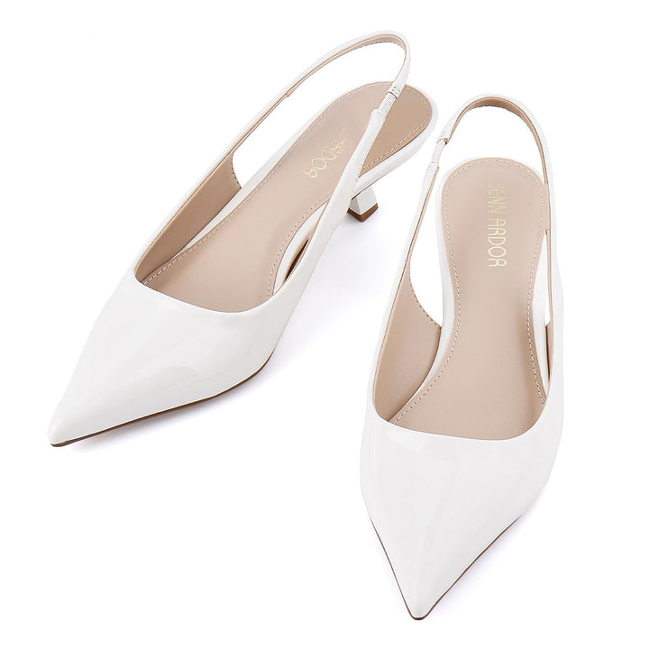 Front view of slingback pointed kitten heel pumps#color_cream-white