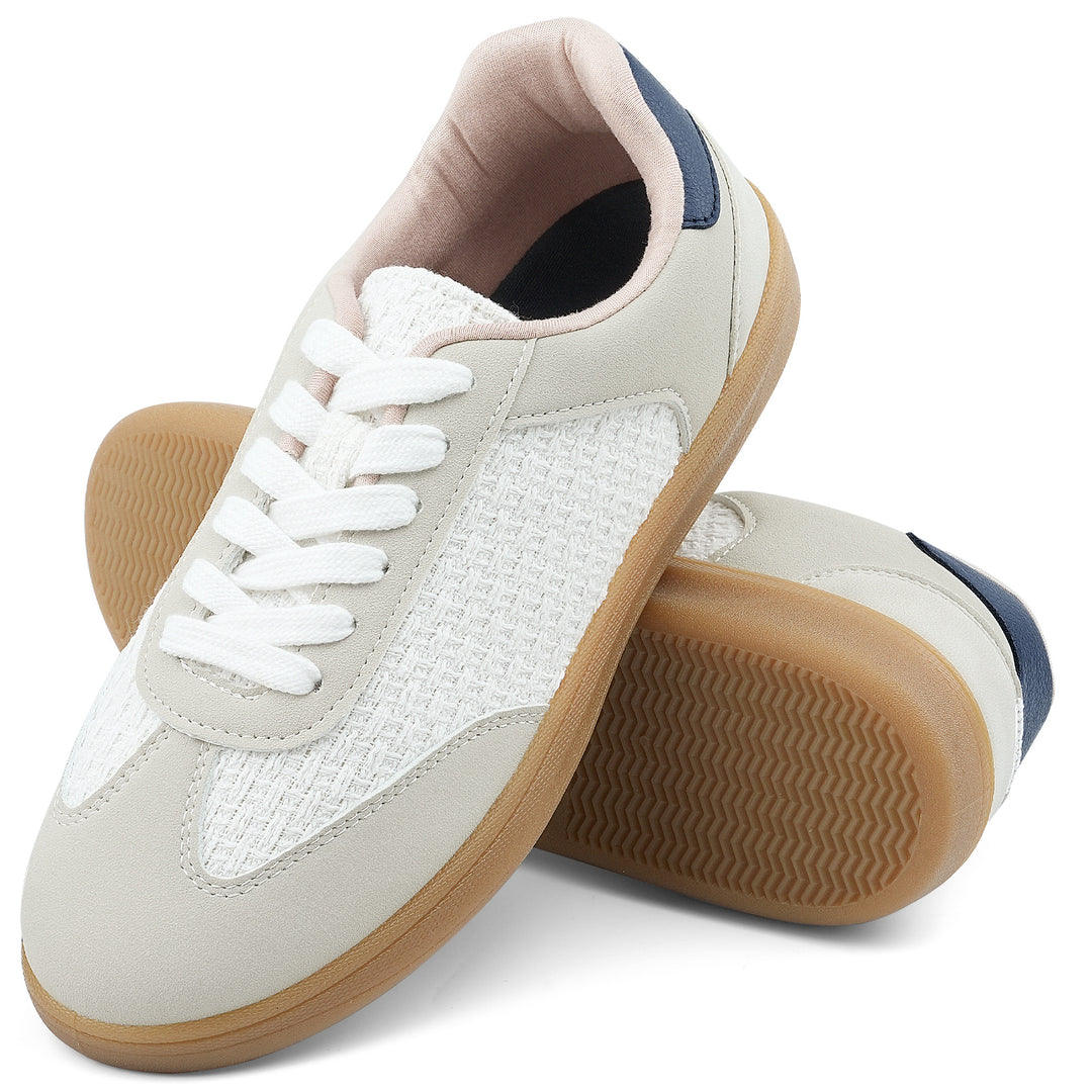 Front view of women's woven low top casual sneakers#color_white-navy