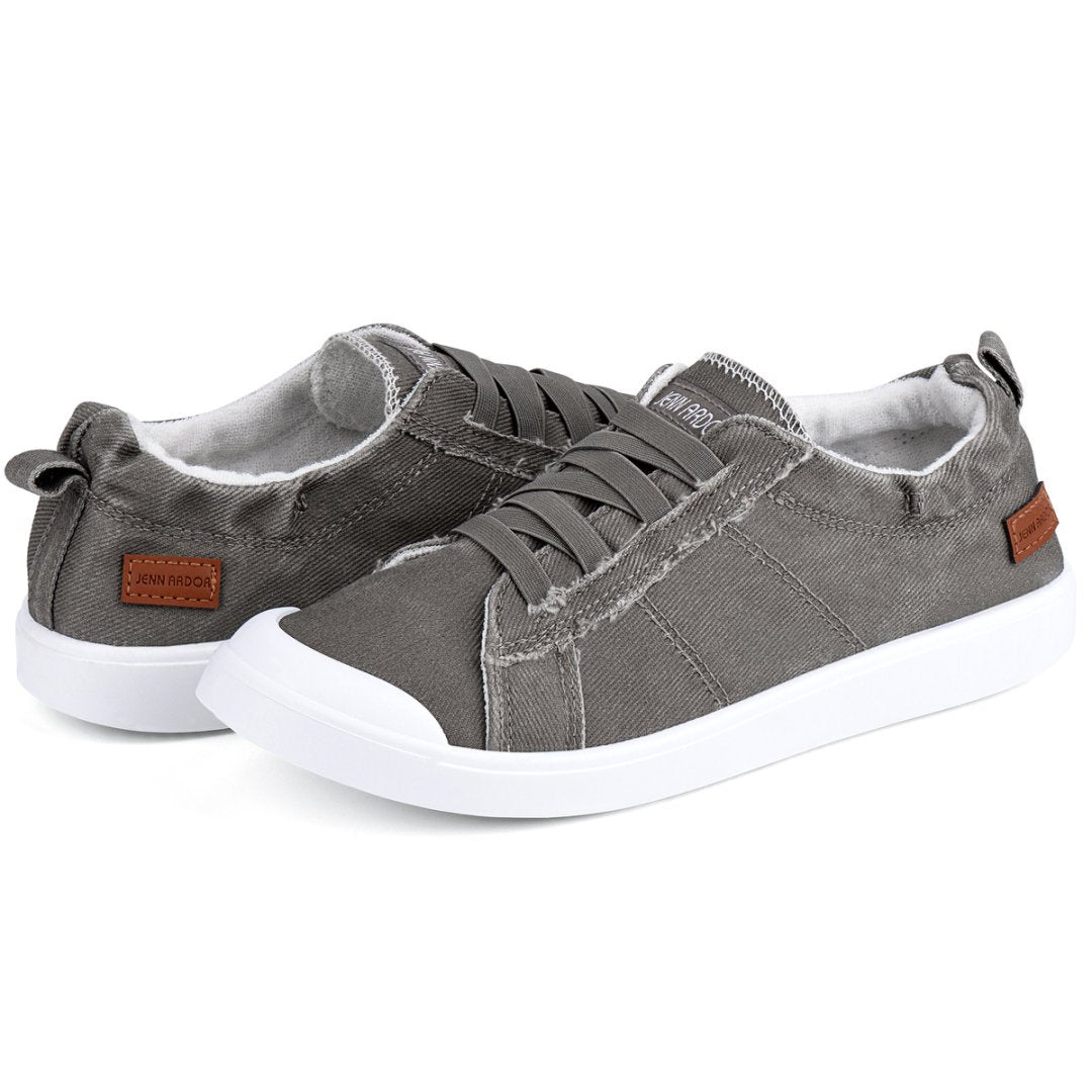 Gray casual sneakers with white soles on a white background#color_grey