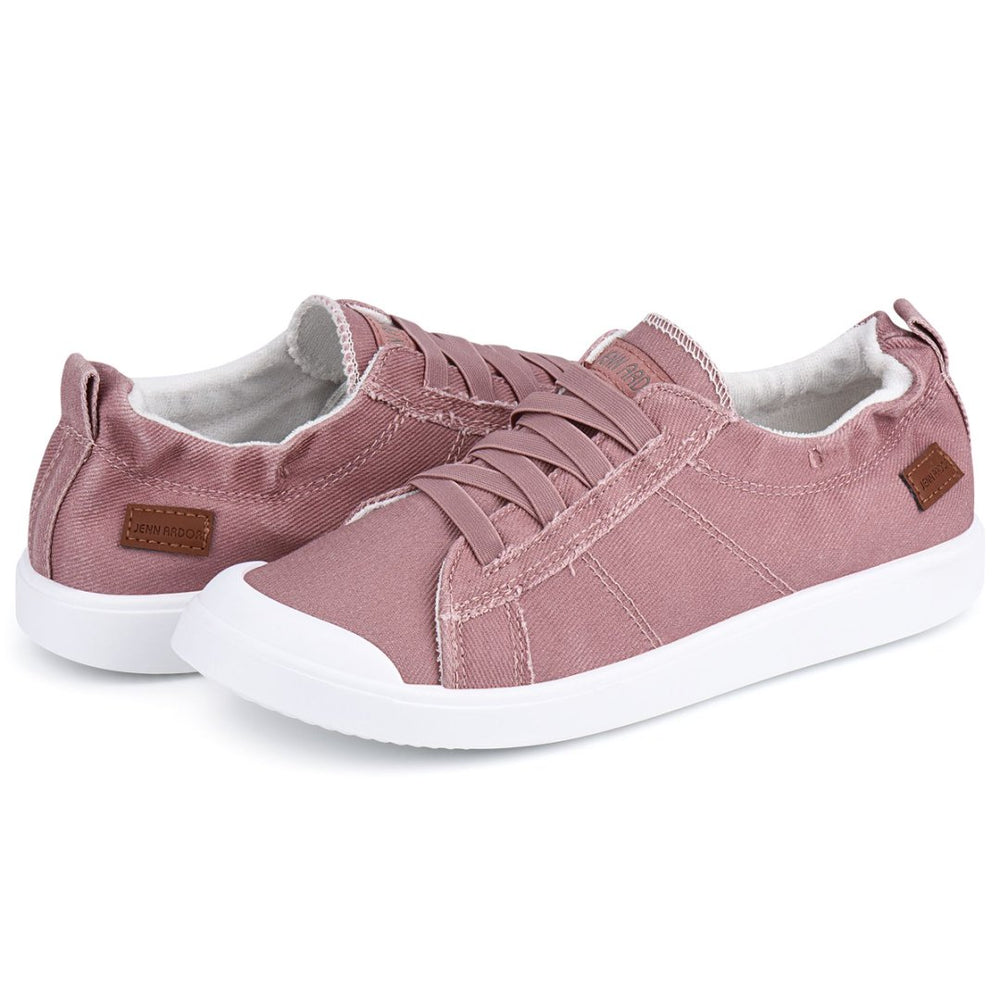 Pair of pink slip-on sneakers with white soles on a white background#color_pink