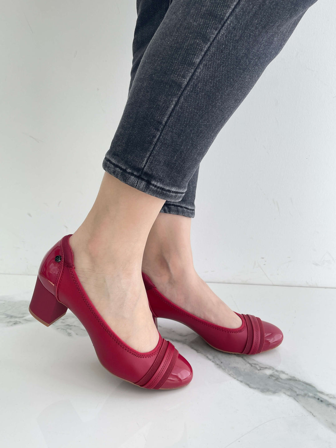 JENN ARDOR Women Round Toe Low Heels Chunky Pumps#color_red