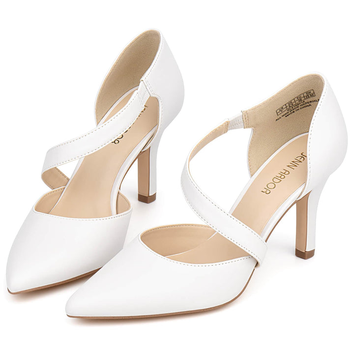 JENN ARDOR Women Stiletto Ankle Strap Pointed Toe Pumps#color_white
